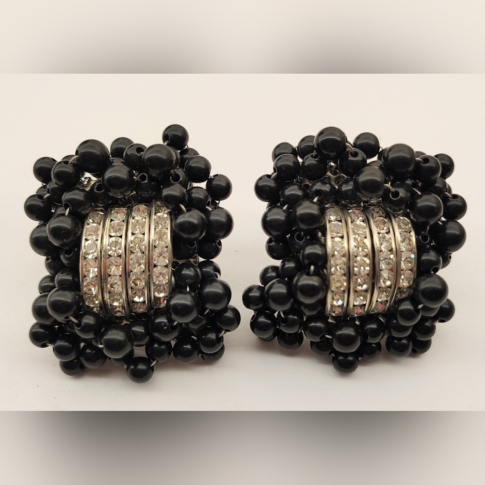 Vintage Clip On Earrings Silver Tone Rhinestones & Beads